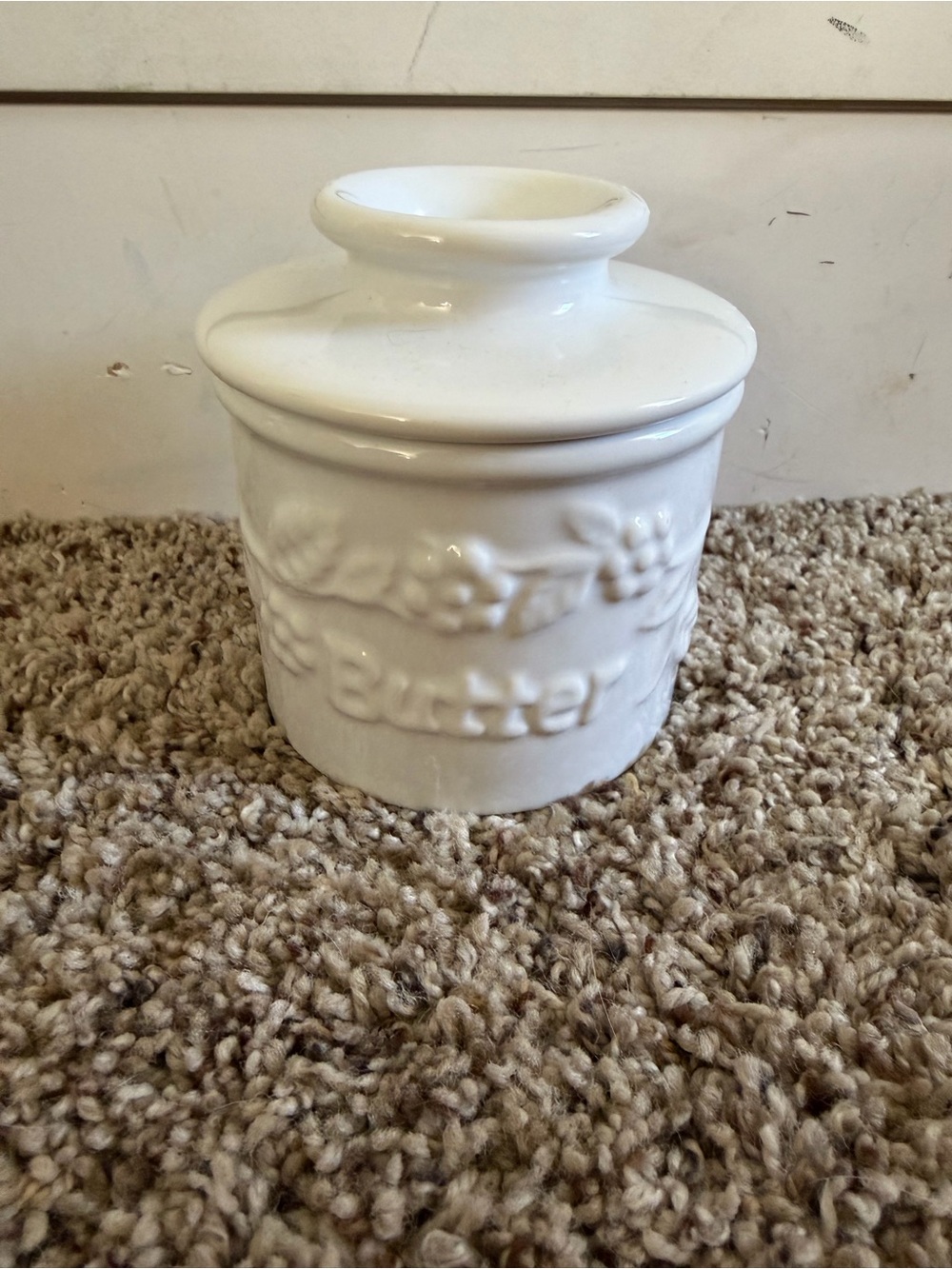 White Embossed Ceramic Butter Crock with Lid